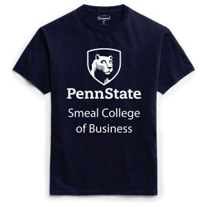 short sleeve navy t-shirt with Penn State Smeal College of Business below Lion Shield graphic